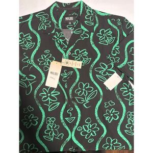 MALIBU Black Green Floral Print Stretch Comfort Short Sleeve Button Down Shirt